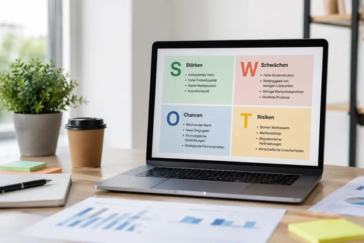 Laptop mit SWOT-Diagramm auf dem Bildschirm; Pflanze, Kaffeebecher, Notizblock, Stifte und Unterlagen liegen auf dem Tisch.