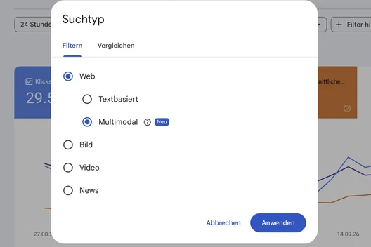 Screenshot eines Fensters 'Suchtyp' mit Web, Textbasiert, Multimodal; Abbrechen und Anwenden.