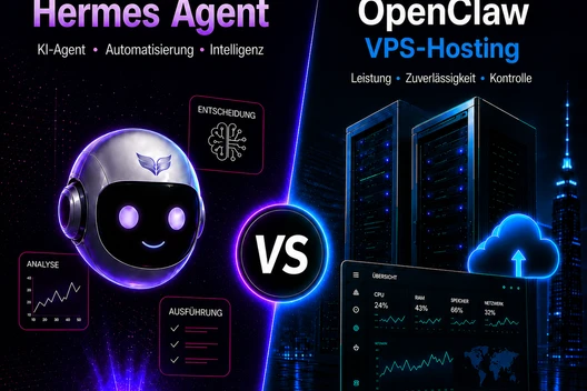Split-Bild: links ein violetter Roboterkopf mit Hermes Agent, rechts Serverracks und Dashboard unter OpenClaw VPS-Hosting.
