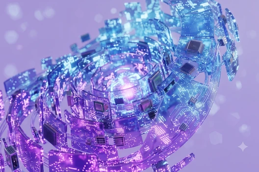 Eine spiralförmige Konstruktion aus transparenten, bläulich-violetten Platten mit leuchtenden Pixeln vor lila Hintergrund.