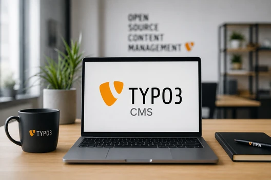Laptop auf Holztisch mit TYPO3 CMS-Logo auf dem Bildschirm; Becher mit TYPO3-Logo, Stift, Pflanze, Regal im Hintergrund.