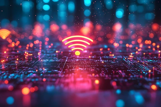 Abstrakte digitale Netzwerkszene mit blauen und pinken Lichtern; zentral ein orangefarbenes WLAN-Symbol.