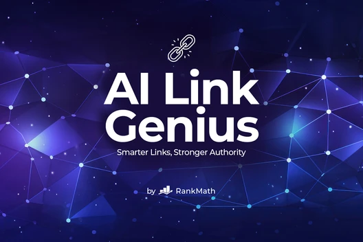 Violetter Netzwerk-Hintergrund mit weißen Texten: 'AI Link Genius' und Unterzeile; Raketen-Icon darüber; 'by RankMath' unten.