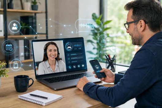 Mann sitzt am Tisch, Smartphone in der Hand; Laptop zeigt Videoanruf-Fenster mit Frau; Pflanze, Notizblock und Kaffeetasse.