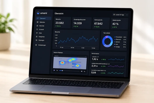 Laptop auf Holztisch, Dashboard mit Diagrammen und Grafiken auf dem Display.