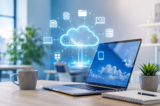 Laptop auf Schreibtisch mit Wolken-Icons, daneben Kaffeetasse, Notizbuch und Pflanze; Fenster im Hintergrund.