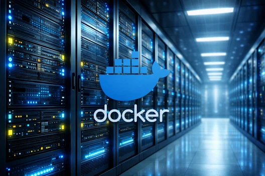 Rechenzentrum mit Serverracks in einer Gasse, blau beleuchtet; Docker-Logo-Wal mit Containern im Vordergrund.