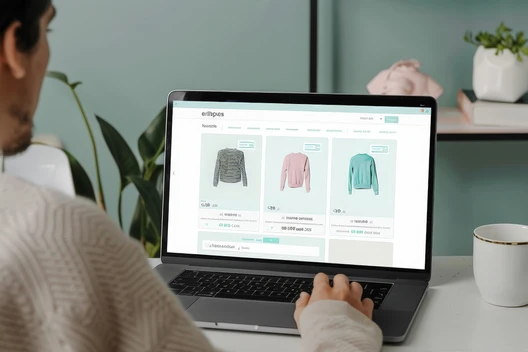 Person von hinten vor Laptop; Bildschirm zeigt Shop mit drei Pullover-Produktkarten; Tasse und Pflanze auf dem Tisch.