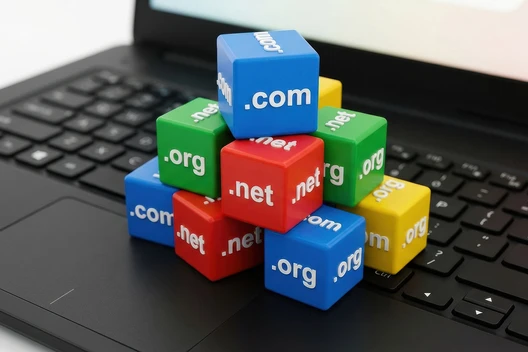Auf einer Laptop-Tastatur stapeln sich bunte Würfel mit Domain-Endungen wie .com, .net und .org.