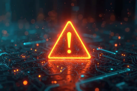 Orangenes Dreieck mit Ausrufezeichen leuchtet; auf einer blau-orange glühenden Leiterplatte.