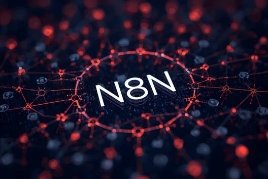 Dunkler Hintergrund mit roten vernetzten Linien und Knoten, zentral der weiße Text N8N.