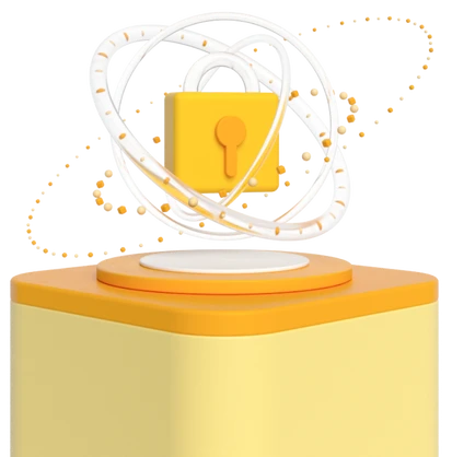 Gelber Würfel mit orangefarbener Oberseite, Schloss-Symbol in der Mitte, von weißen kreisförmigen Ringen umgeben.